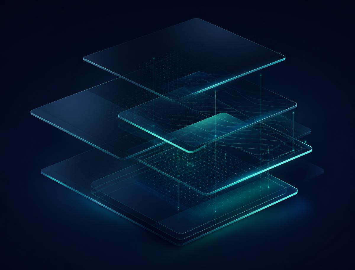 Layered translucent panels representing the LumoWallet ledger architecture